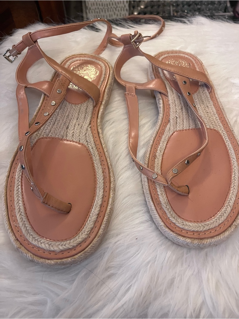 Vince Camuto tan  Leather T-Strap Sandals with Stud Detail